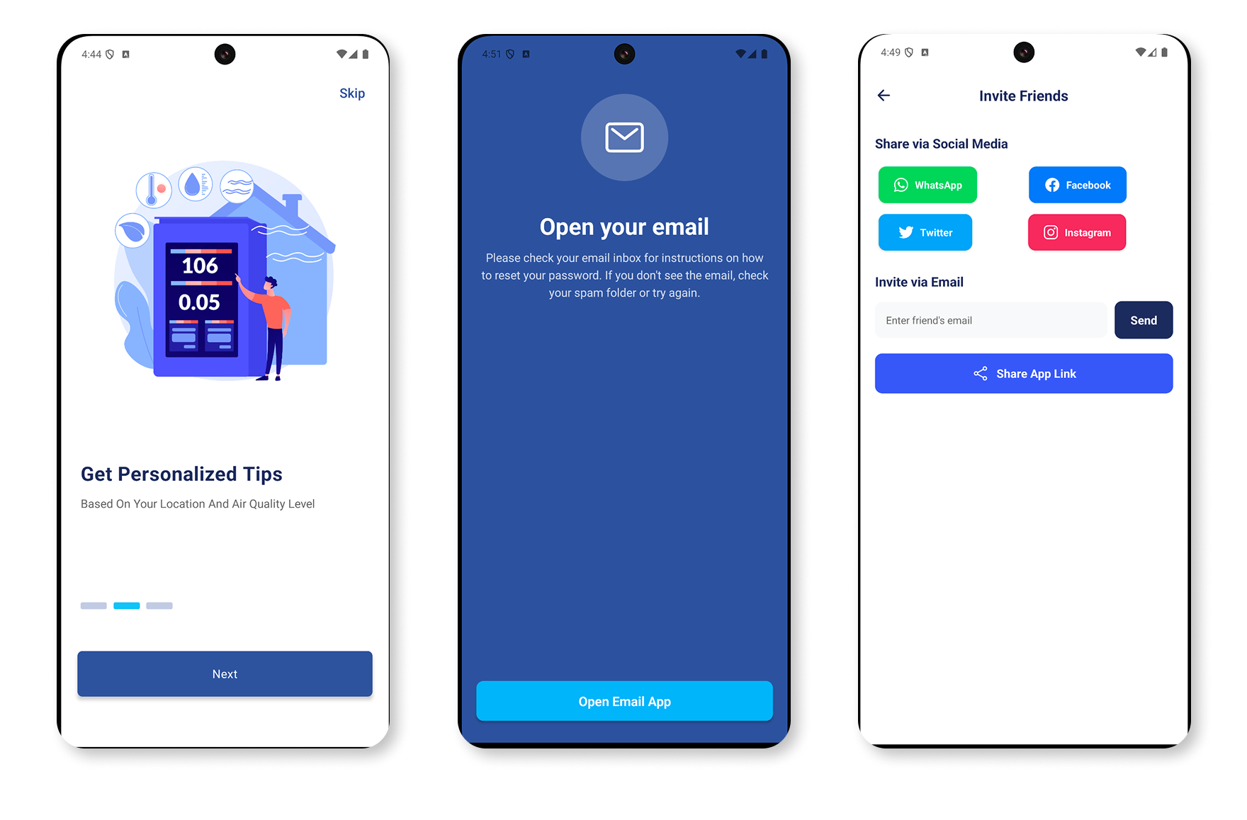 Onboarding with personalised tips, email sign-in and an invite-friends screen.