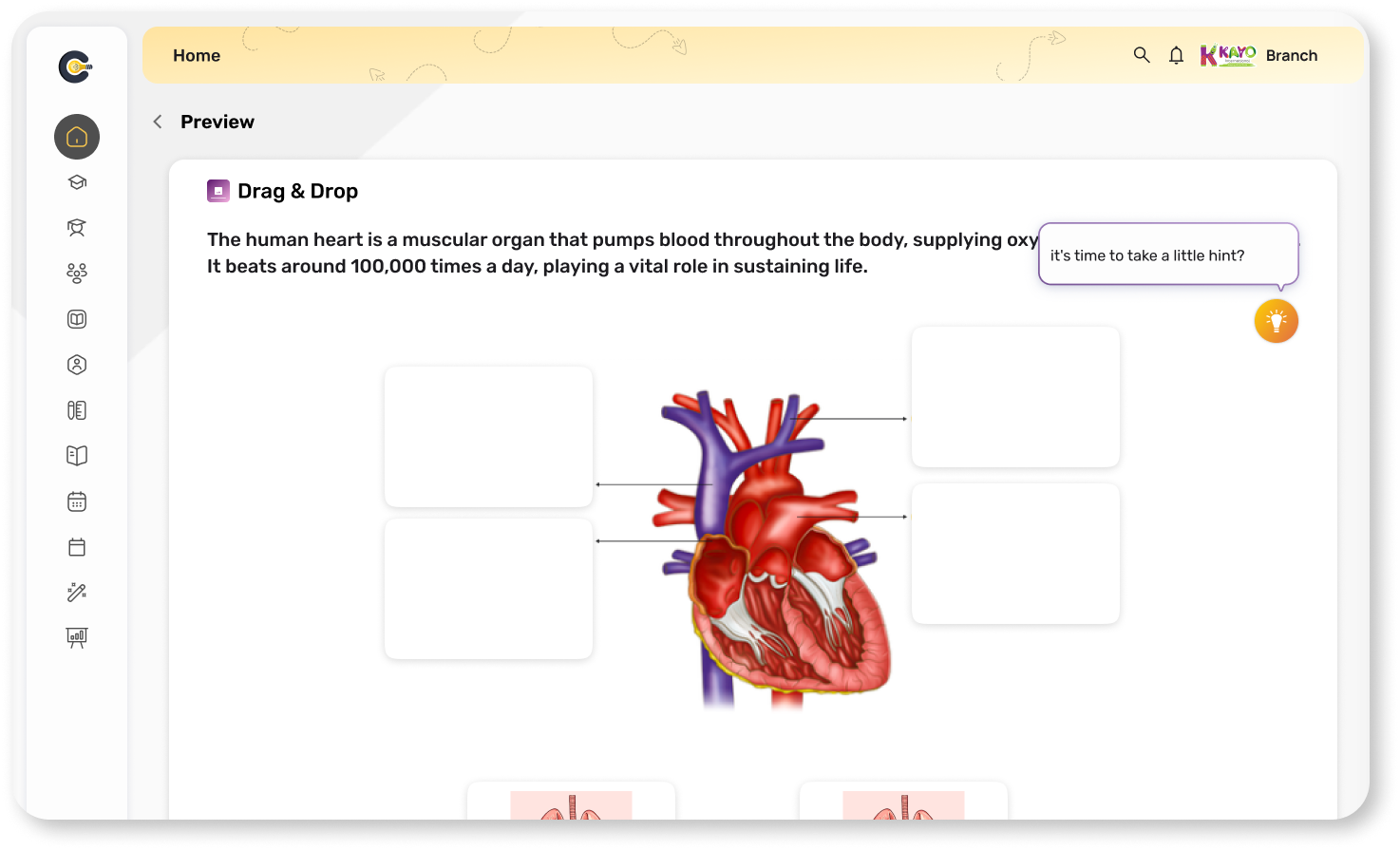 Caprics lesson builder with a drag-and-drop diagram of the human heart.