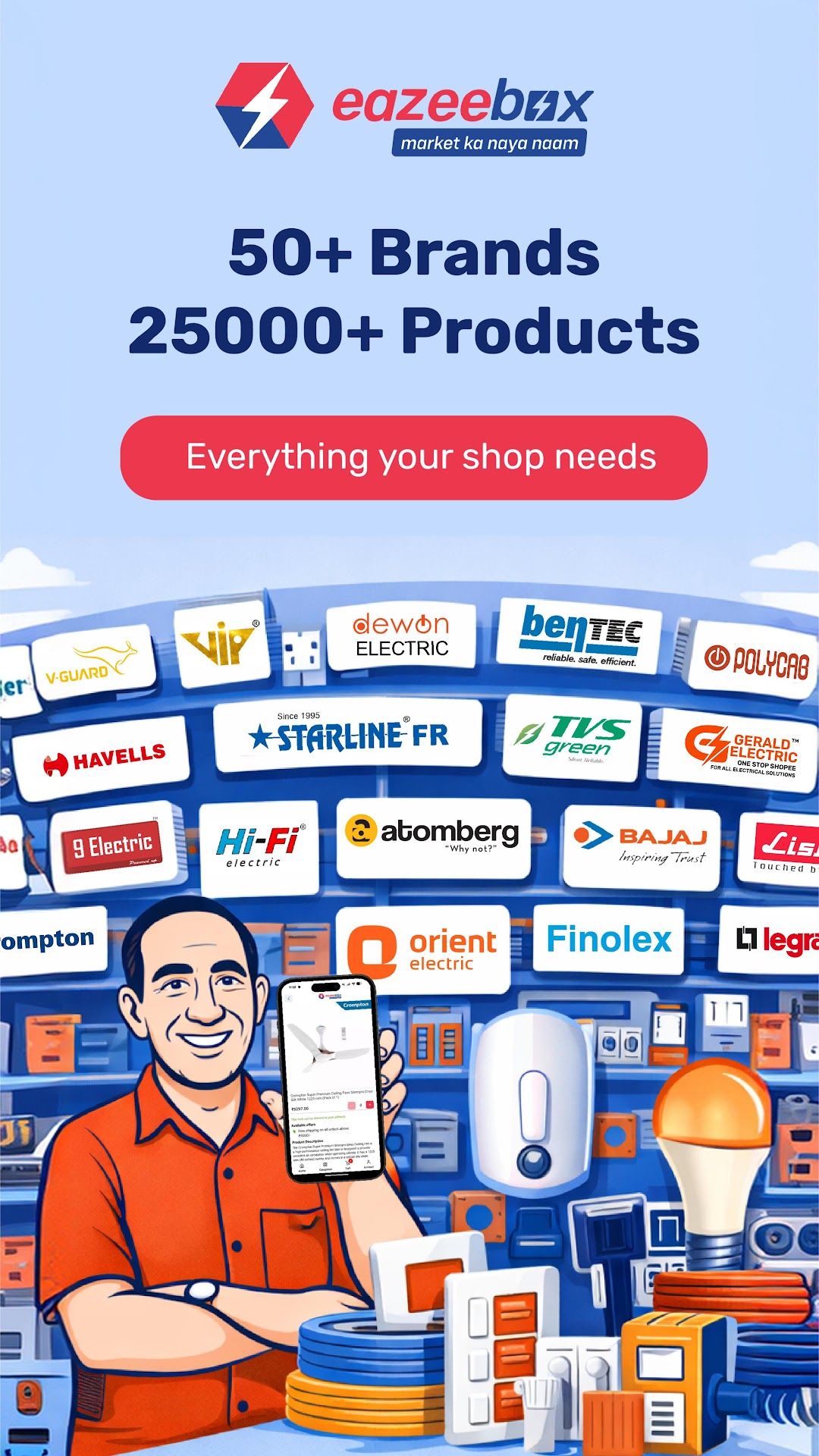 Store screenshot listing 50+ brands and 25,000+ products.