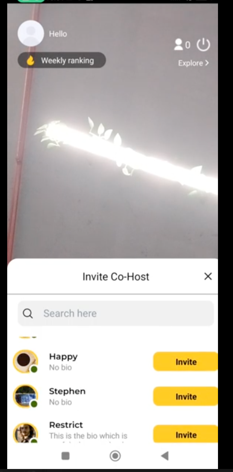 Invite co-host sheet listing people with Invite buttons.