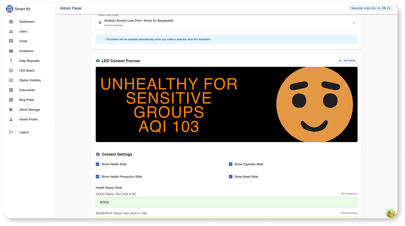 LED board preview reading "Unhealthy for sensitive groups, AQI 103" with a face icon.
