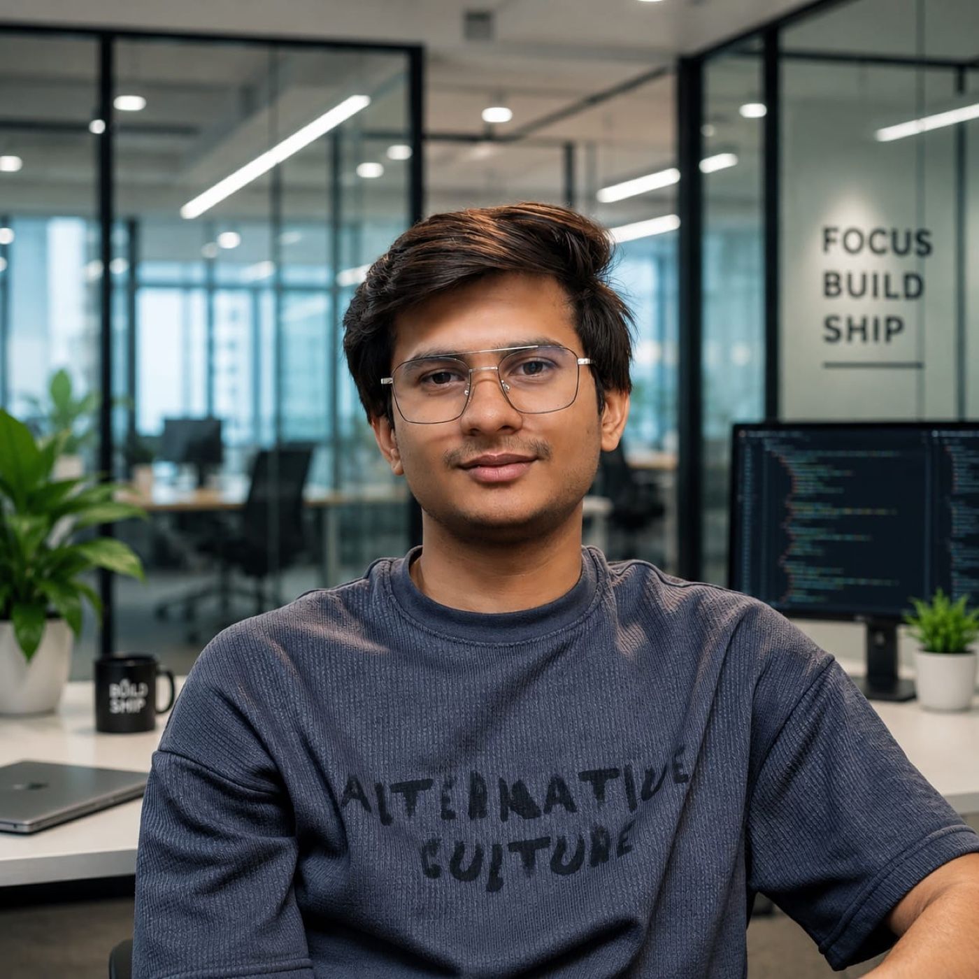 Naman in glasses and a dark T-shirt, smiling at his desk in a bright office with code on a monitor behind him.
